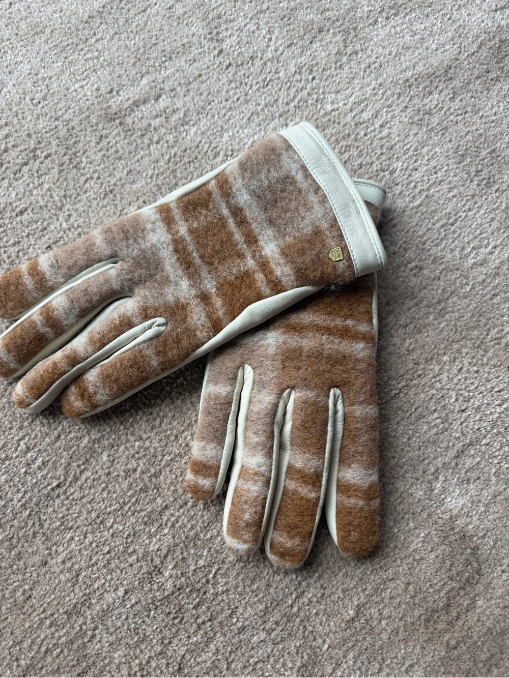 Hestra Brown Plaid Wool Gloves with Cream Leather Trim